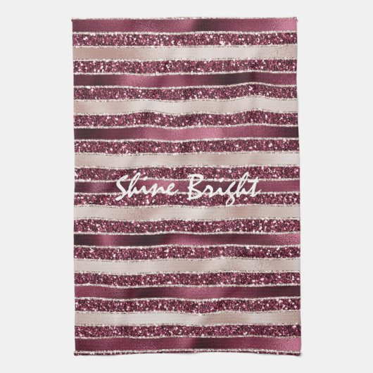 ブルガンディレッドピンクローズ金ゴールドストライプグリッター キッチンタオル (縦)