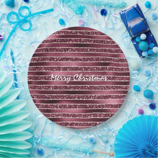 ブルガンディレッドピンクローズ金ゴールドストライプグリッター ペーパープレート (パーティー)