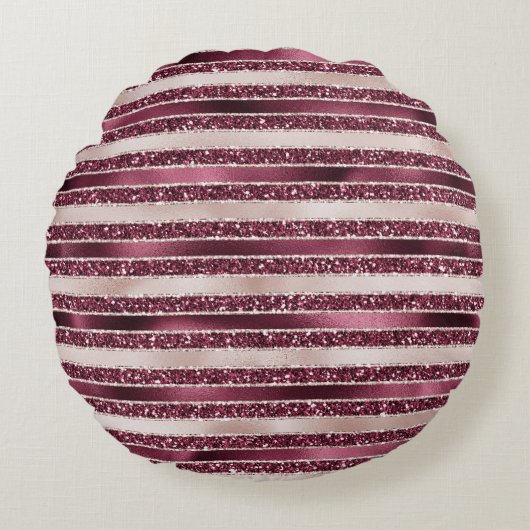 ブルガンディレッドピンクローズ金ゴールドストライプグリッター ラウンドクッション (正面)