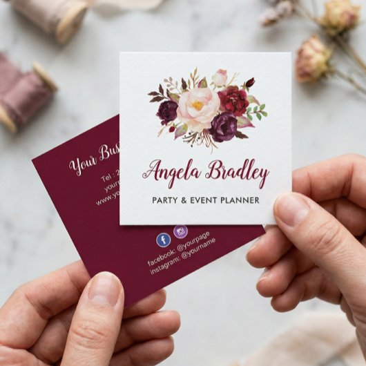 ブルガンディレッドピンク素朴フローラシック スクエア名刺