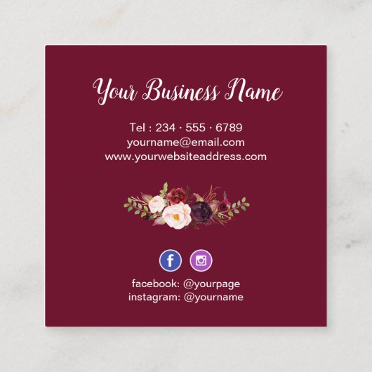 ブルガンディレッドピンク素朴フローラシック スクエア名刺 (裏面)