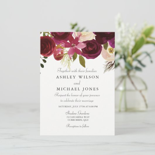 ブルガンディレッドフローラエレガントウェディング招待状 招待状 (スタンド正面)