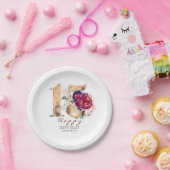 ブルガンディレッドフローラタイポグラフィ15th誕生日 ペーパープレート (パーティー)