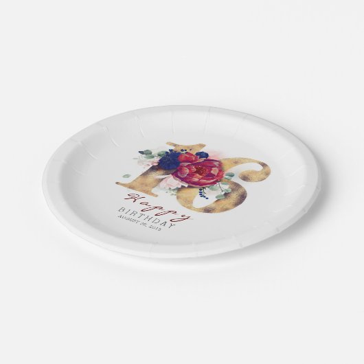 ブルガンディレッドフローラタイポグラフィ16th誕生日 ペーパープレート (アングル)