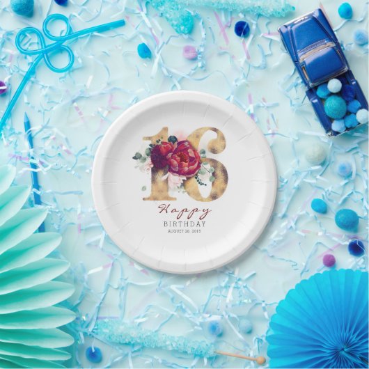 ブルガンディレッドフローラタイポグラフィ16th誕生日 ペーパープレート (パーティー)