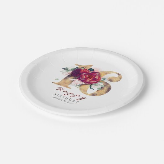 ブルガンディレッドフローラタイポグラフィ16th誕生日 ペーパープレート (アングル)