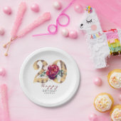 ブルガンディレッドフローラタイポグラフィ20誕生日 ペーパープレート (パーティー)