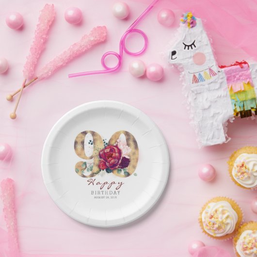 ブルガンディレッドフローラタイポグラフィ90誕生日 ペーパープレート (パーティー)