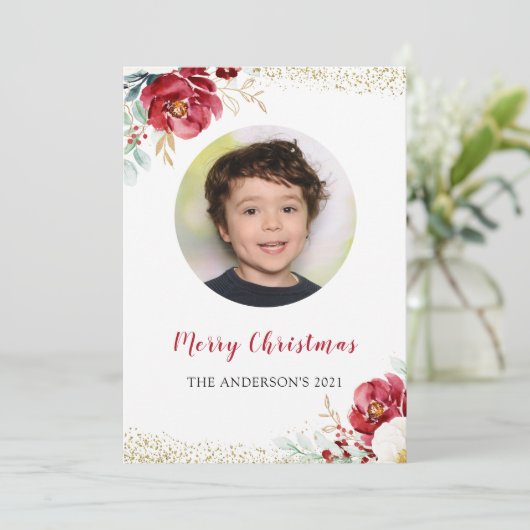 ブルガンディレッドフローラファミリー写真クリスマスパーティー 招待状 (スタンド正面)