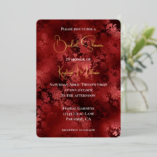 ブルガンディレッドフローラブライダルシャワー 箔招待状 (立ち正面)
