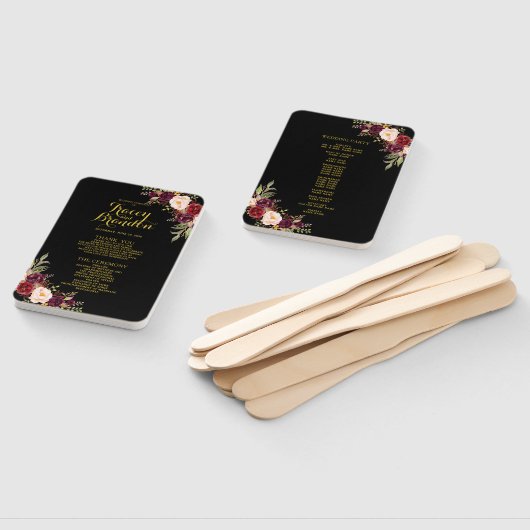 ブルガンディレッドフローラブラック金ゴールド結婚式 プログラム ハンドファン (組立なし)