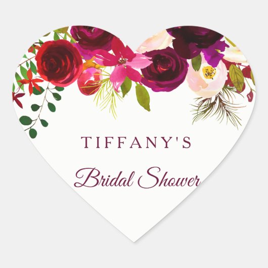 ブルガンディレッドフローラボホビーフシールブライダルシャワー ハートシール (正面)