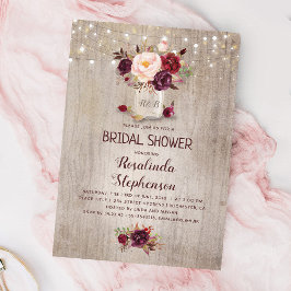 ブルガンディレッドフローラメイスンジャー素朴ブライダルシャワー 招待状