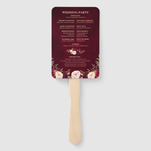 ブルガンディレッドフローラ素朴バーラップ結婚式 プログラム ハンドファン (裏面)