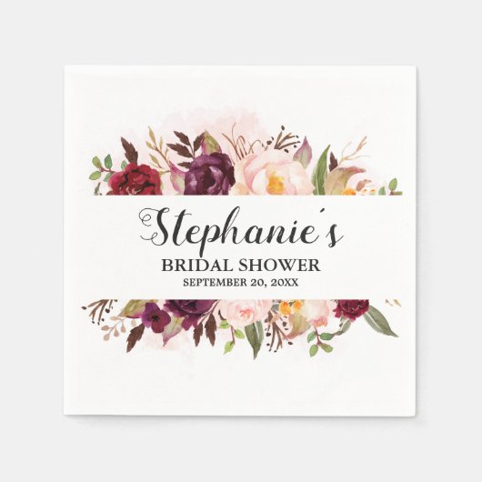 ブルガンディレッドフローラ素朴ボホブライダルシャワー スタンダードカクテルナプキン (正面)