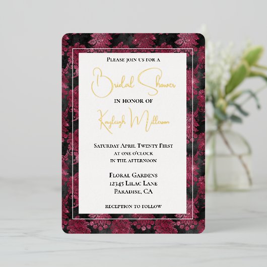 ブルガンディレッドブラックフローラブライダルシャワー 箔招待状 (立ち正面)