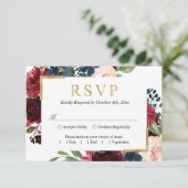 ブルガンディレッドブルー赤面フローラ結婚ズ 出欠カード (スタンド正面)