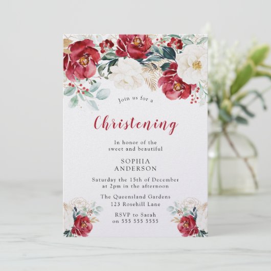 ブルガンディレッドホワイトきらめく《キリスト教》洗礼式や命名式バプテスマ 招待状 (スタンド正面)