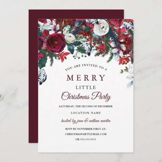 ブルガンディレッドホワイトフローラクリスマスパーティー 招待状 (正面/裏面)