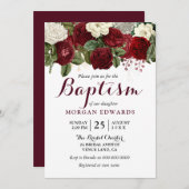 ブルガンディレッドホワイトフローラニュートラルバプテスマ招待状 招待状 (正面/裏面)