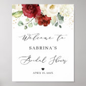 ブルガンディレッドホワイトローズフローラブライダルシャワー標識 ポスター (正面)
