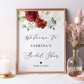 ブルガンディレッドホワイトローズフローラブライダルシャワー標識 ポスター