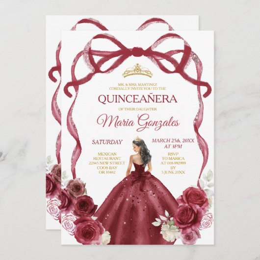 ブルガンディレッドボウプリンセス金ゴールドクラウンキンセアニラ 招待状 (正面/裏面)