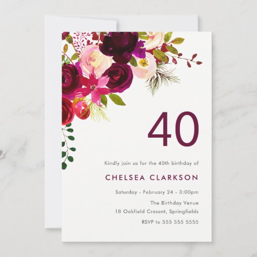 ブルガンディレッドボホフローラ40歳の誕生日パーティー 招待状 (正面)