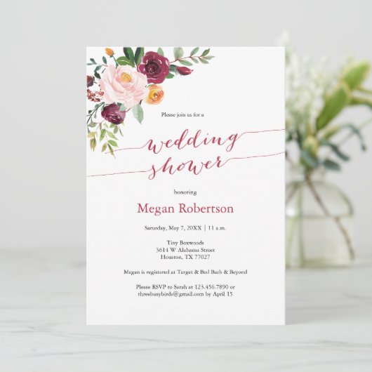 ブルガンディレッドマルサラフローラウェディングシャワー 招待状 (スタンド正面)