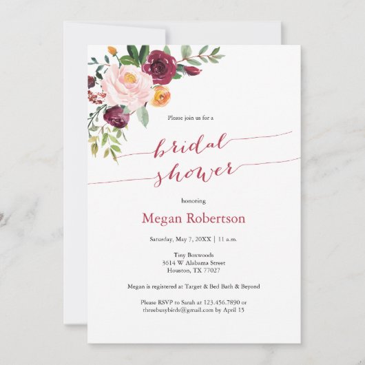 ブルガンディレッドマルサラフローラブライダルシャワー 招待状 (正面)