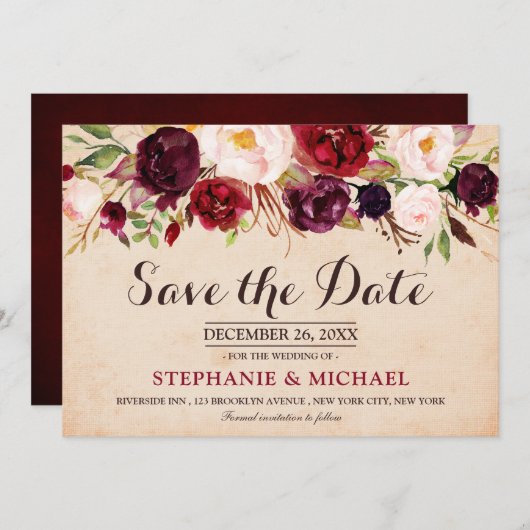 ブルガンディレッドマルサラフローラボホ日付を保存 セーブザデート (正面/裏面)