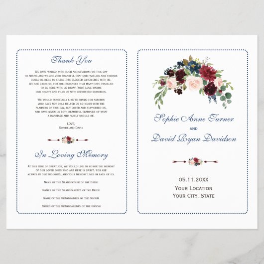 ブルガンディレッドマルサラフローラ結婚式 プログラム チラシ (正面)