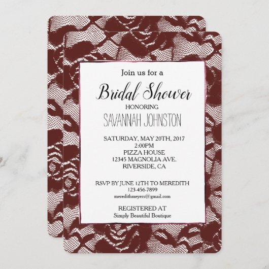 ブルガンディレッドレースフローラブライダルシャワー 招待状 (正面/裏面)