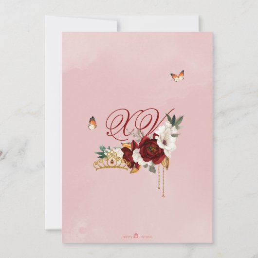 ブルガンディレッドローズバタフライキンセアニェラ金ゴールドティアラ 招待状 (裏面)