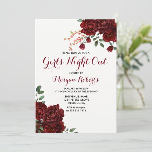 ブルガンディレッドローズフローラガールズナイトアウト招待状 招待状 (スタンド正面)