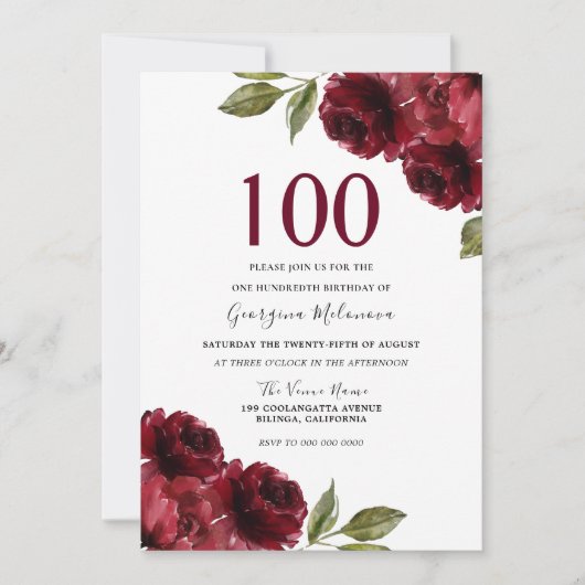 ブルガンディレッドローズフローラ女性100誕生日 招待状 (正面)
