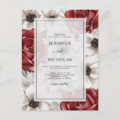 ブルガンディレッドローゼスホワイトアネモネ結婚フローラ インビテーションポストカード (正面)