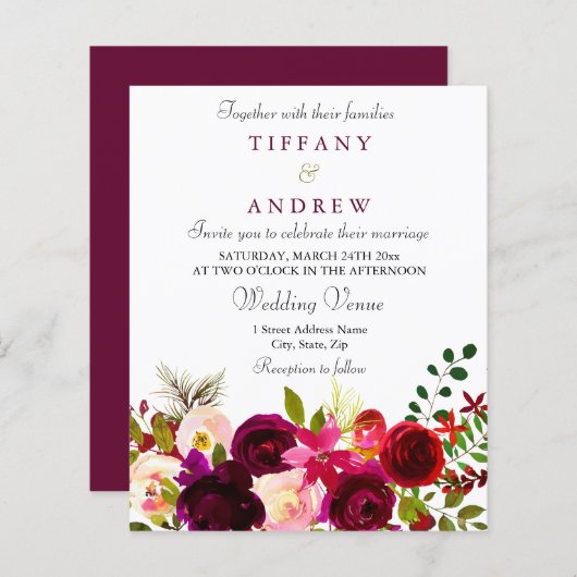 ブルガンディレッドワインフローラ予算結婚式招待状 (正面/裏面)