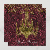 ブルガンディレッドワイン金ゴールドシャンデリアパーティー 招待状 (正面/裏面)