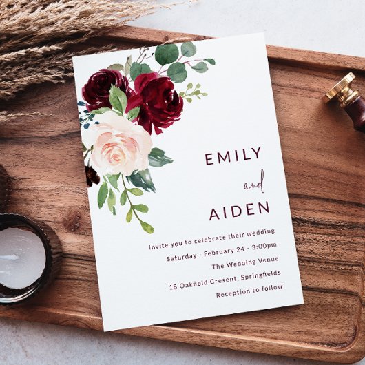 ブルガンディレッドワイン&赤面フローラ結婚ズ 招待状