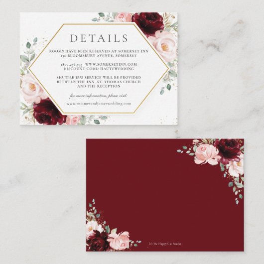 ブルガンディレッド赤面ピンク結婚フローラズ詳細 エンクロージャーカード (正面/裏面)