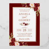 ブルガンディレッド赤面結婚フローラバラ金ゴールド 箔招待状 (正面)