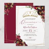 ブルガンディレッド金ゴールドウォーターカラーフローラキンセアニラ 招待状 (正面/裏面)