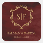 ブルガンディレッド金ゴールドクレストモノグラム結婚式の引き出物 スクエアシール (正面)