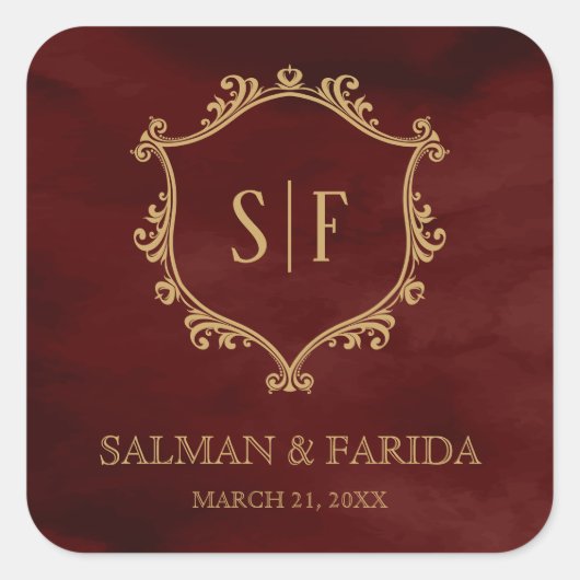 ブルガンディレッド金ゴールドクレストモノグラム結婚式の引き出物 スクエアシール (正面)