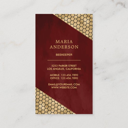 ブルガンディレッド金ゴールドグリッターハニービーキーパー 名刺 (裏面)