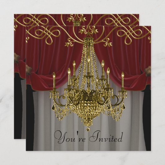 ブルガンディレッド金ゴールドシャンデリアパーティの招待状 招待状 (正面/裏面)