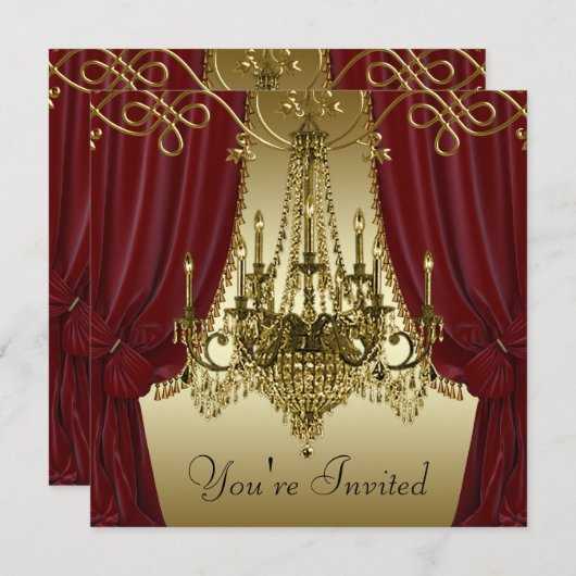 ブルガンディレッド金ゴールドシャンデリアパーティの招待状 招待状 (正面/裏面)