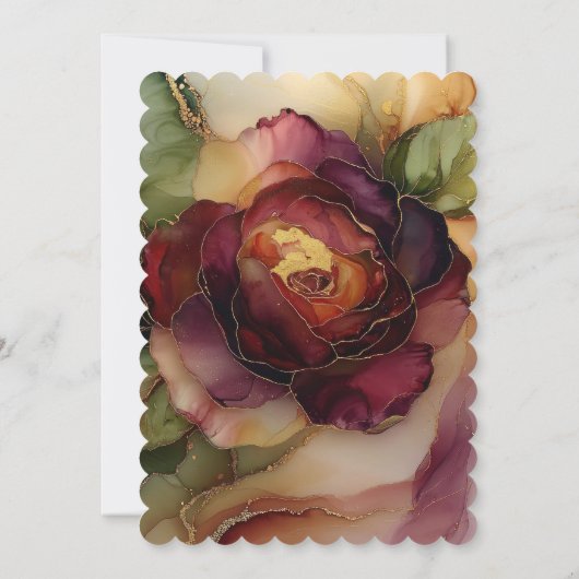 ブルガンディレッド金ゴールドバラフローラ誕生日 招待状 (裏面)