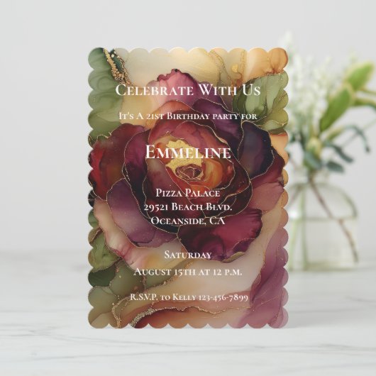 ブルガンディレッド金ゴールドバラフローラ誕生日 招待状 (スタンド正面)